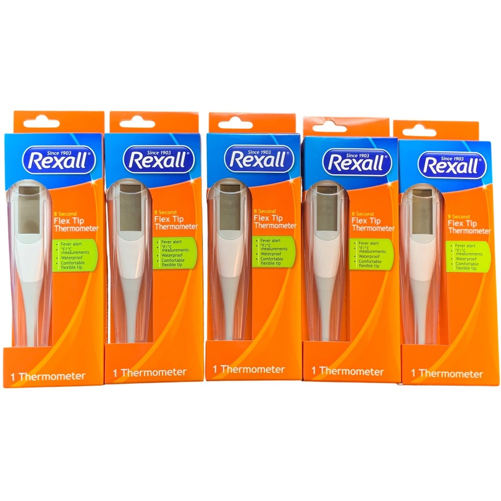Lot of 5 Rexall 8 Second Flex Tip Digital Thermometer Fever Alert Waterproof New
